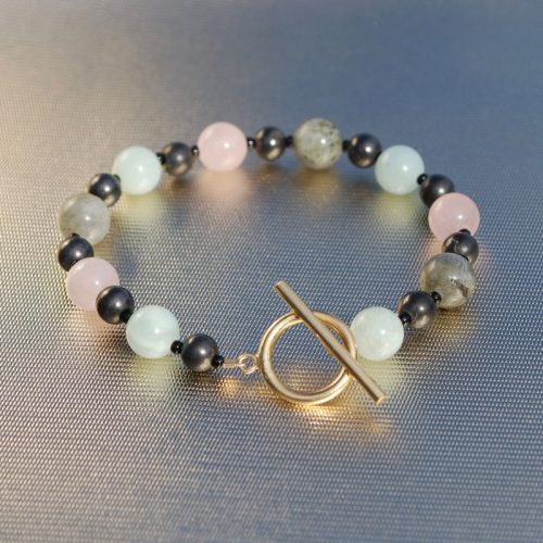 Shungite amazonite rose quartz and labradorite bracelet with 14ct filled yellow gold ring and bar clasp