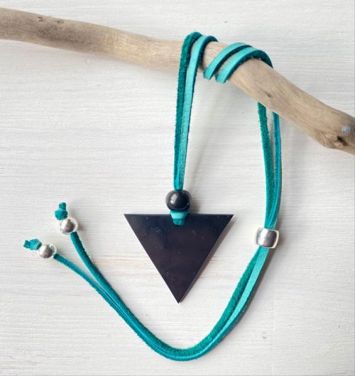 Shungite Feminine Triangle Pendant on turquoise leather cord with sterling silver bead ends and stopper bead