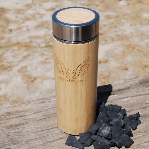Angel of Wellness branded bamboo and stainless steel water bottle with pieces of shungite
